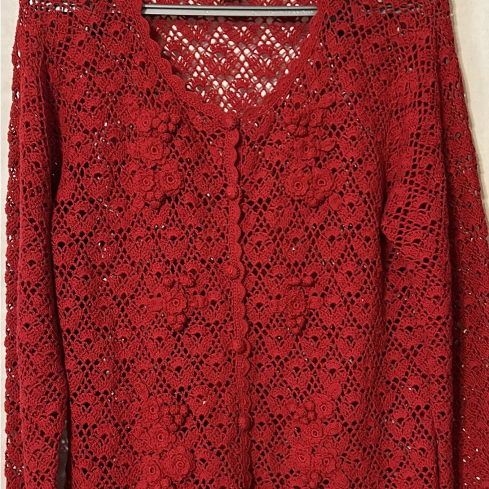 April Cornell Red Crochet Acrylic & Cotton Blend Cardigan, Size Medium